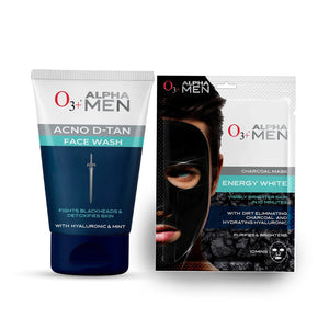 O3+ Alpha Men Acno D-Tan face wash & Alpha Men Energy White Charcoal Face Sheet Mask Combo (100g + 30g)