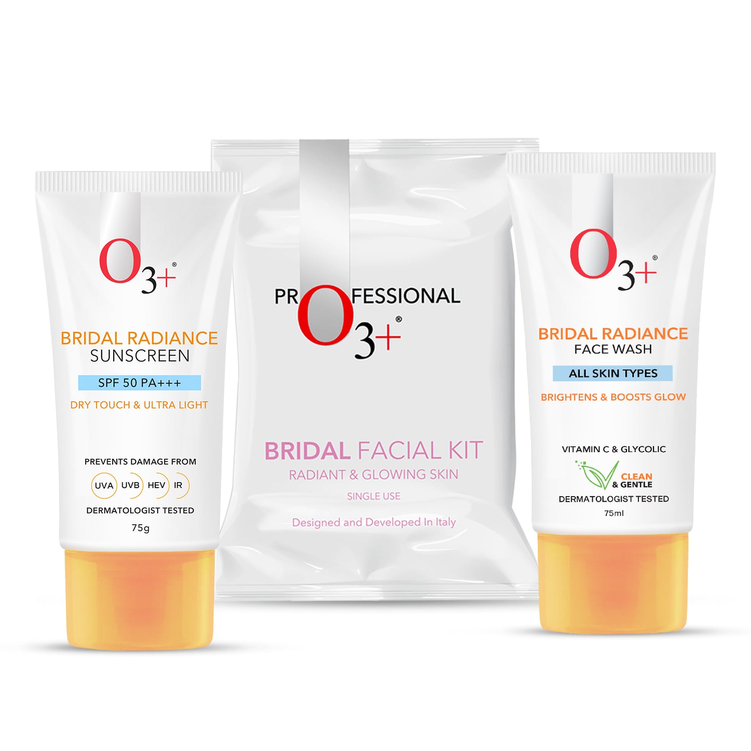 Skincare Combo With Bridal Facial Kit for Radiant & Glowing Skin 120g,Bridal Radiance Facewash 75g & UVA UVB Ultra Light Sunscreen With SPF50 PA+++ 75g | All Skin type