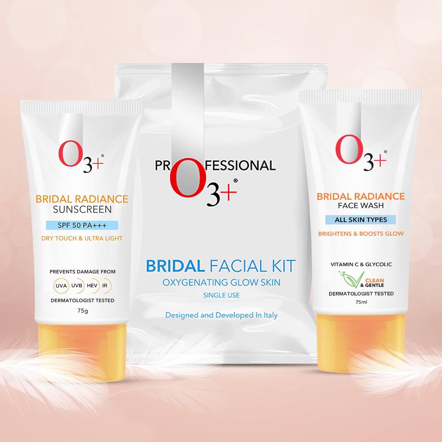 Skincare Combo With  Bridal Facial Kit Oxygenating Glow Skin 81g,Radiance Facewash For Brightens Glow 75g & UVA UVB Ultra Light Sunscreen With SPF50 PA+++ 75g