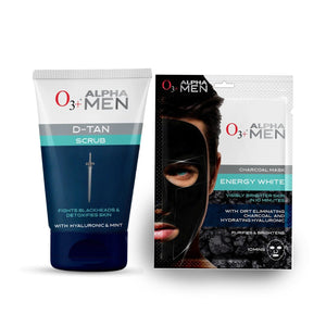 O3+ Alpha Men Acno D Tan Scrub & Alpha Men Energy White Charcoal Face Sheet Mask Combo (50gm+30gm)